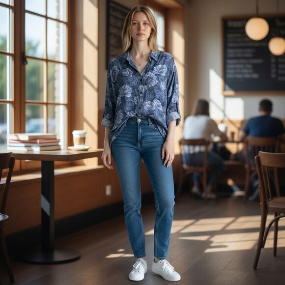 Liz Wear Blue Floral Button Up Shirt Long Sleeve Cotton Blend Large - Picture 1 of 5